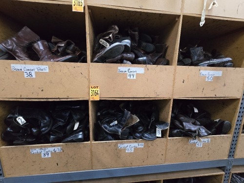 Collection of assorted footwear in 6 cubbies, incl. Combat Boots, various sizes