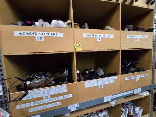 Collection of assorted footwear in 6 cubbies incl. womens slippers, ladies leather suede canvas lace up ankle boots, childrens slippers, combat boots