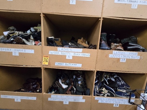 Collection of assorted footwear in 6 cubbies incl. Ladies work boots, sport shoes, ladies assorted winter and snow boots, boat mogs, tennies shoes
