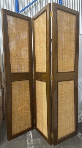 Wood & Woven Panel Room Divider / Folding Privacy Screen (3-Panel)