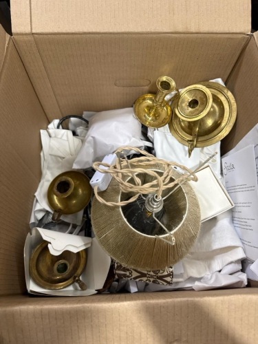 Box Lot of Lamp Candle Holders and Assorted Items