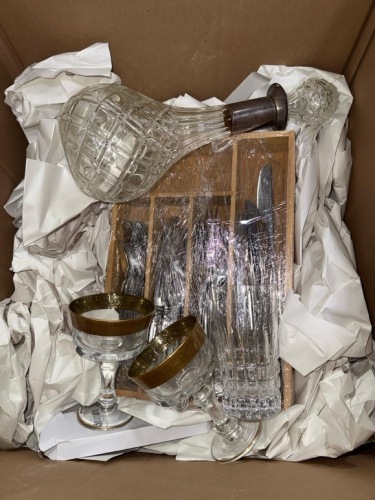 Box Lot of Cups, silverware, lights