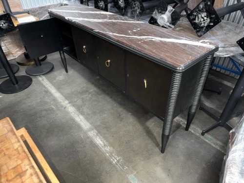 long black console/sideboard with a marble-look stone top