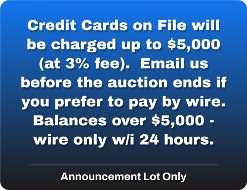 Credit Cards up to 5k charged (plus 3%); Over 5k due by Wire in 24 hrs.