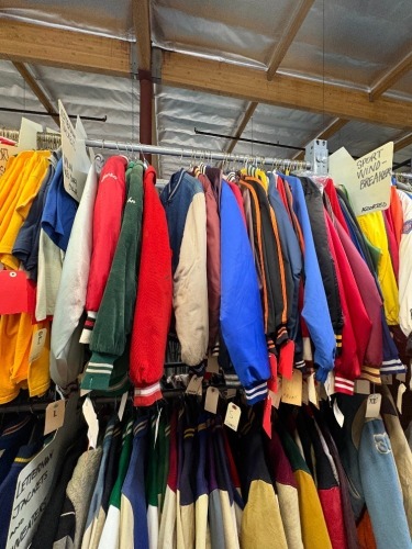 Collection of assorted letterman jackets, nylon, rub cuff collar