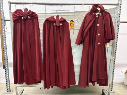 Collection of (3) burgundy capes with high collar, decorative clasps