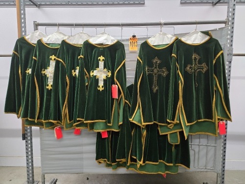 Collection of (9) green liturgical vestments
