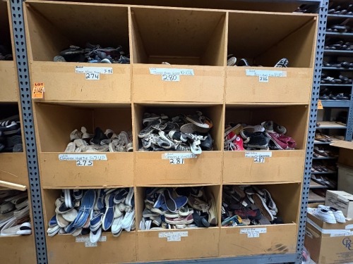Collection of assorted Tennis shoes, various sizes, in 9 cubbies