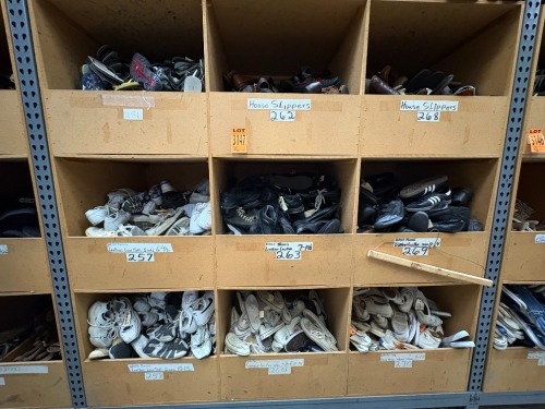 Collection of assorted House Slippers, Whit Tennis shoes, various sizes, in 9 cubbies