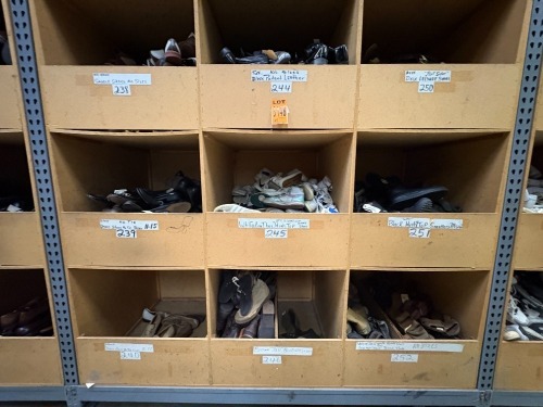 Collection of assorted footwear, in 9 cubbies, incl saddle shoes, white leather high top, deck leisure suedes, brown jail boots