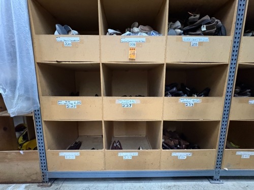 Collection of assorted footwear, in 9 cubbies, incl dress shoes, suede shoes