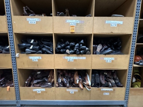 Collection of assorted footwear, in 9 cubbies, incl. dress boots, white tennis shoes, black laces up dress shoes