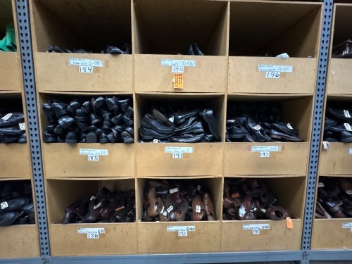 Collection of assorted footwear, in 9 cubbies, incl. Black Ankle Dress Boots, Dress Boots, Black Laces Up Shoes, various sizes