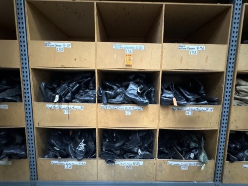 Collection of assorted footwear in 6 cubbies, incl. Combat Boots, various sizes