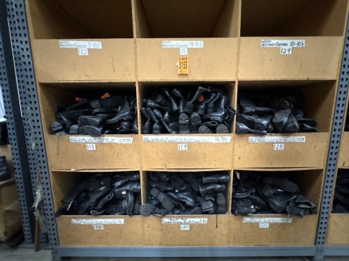 Collection of assorted footwear in 6 cubbies, incl. Black Plaintoe Combat Boots, various sizes