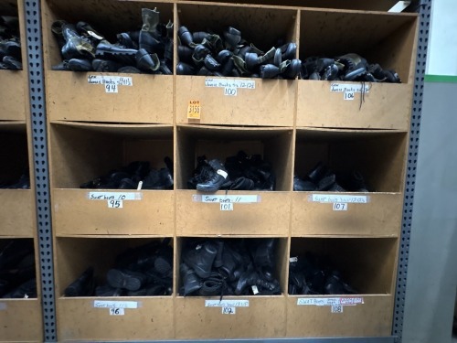 Collection of assorted footwear in 9 cubbies, incl. jungle and SWAT boots
