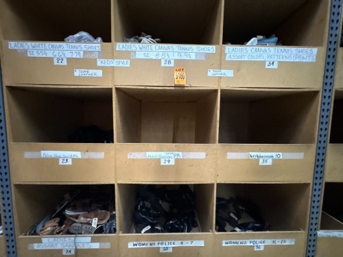 Collection of assorted footwear in 9 cubbies incl. Ladies White Canvas Tennies Shoes, Ladies assorted sandals, Womens Police Shoes