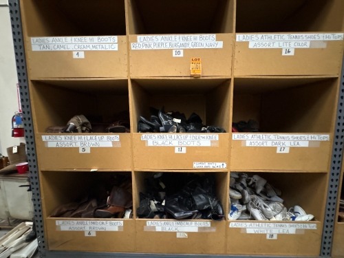 Collection of assorted footwear in 9 cubbies incl. Ladies ankle and knee high boots, athletic shoes, knee hi lcae up & over the knee, ankle midcalf, athletic tennis shoes, various sizes