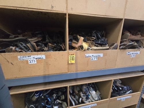 Lot of Footwear, 6 compartments, including "Indian Moccasins", Civilian Sandals, Tennis Shoes
