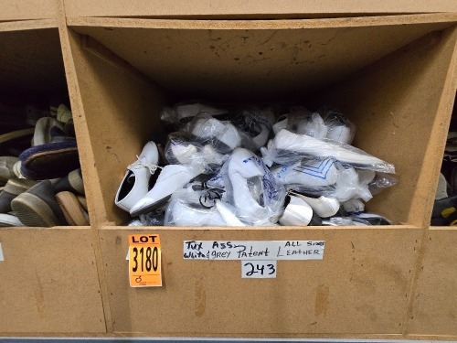 Collection of assorted shoes, in 2 cubbies, incl. Russian Low Top, Tux White Patent leather