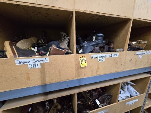 Collection of assorted footwear, in 3 cubbies, brown Sorels, hiking boots