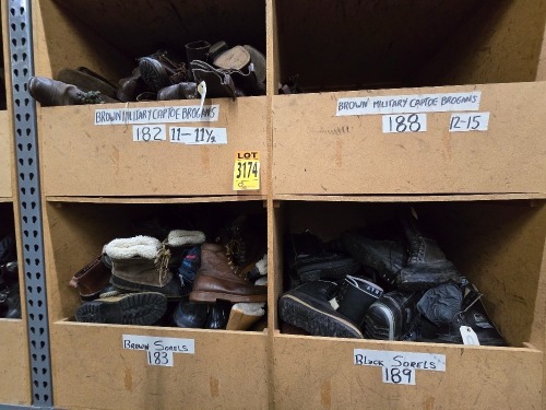 Collection of assorted footwear, in 6 cubbies, incl. Brown Military captoe brogans, Black & Brown Sorels