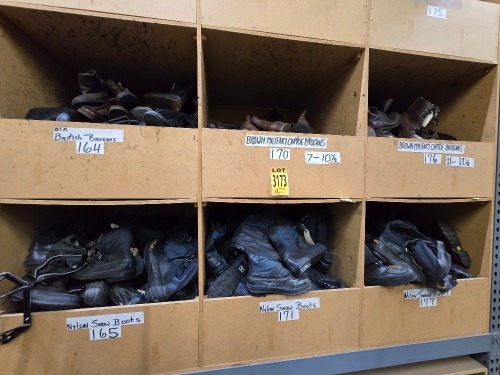 Collection of assorted footwear, in 6 cubbies, incl. British Brogans, Brown Military, Nylon Snow Boots