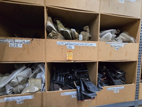 Collection of assorted Military-style footwear in 6 cubbies, incl USMC and Regular Desert Boots, US Snow Boots, White Rain Boots, Black Rain Boots