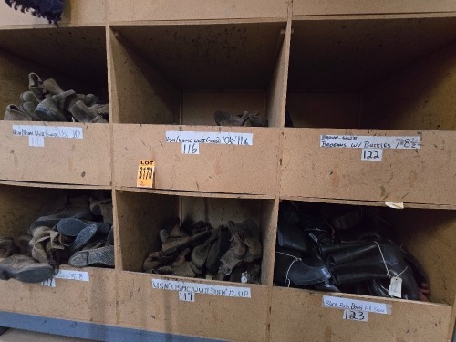 Collection of assorted Military-style footwear in 9 cubbies, incl. USMC Suede WWII, Rain Boots, various sizes